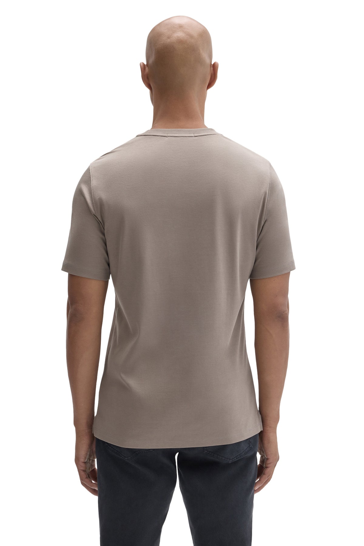 Robert Barakett men's taupe grey short sleeve crewneck T-Shirt with shoulder seams and straight hem shown from the back