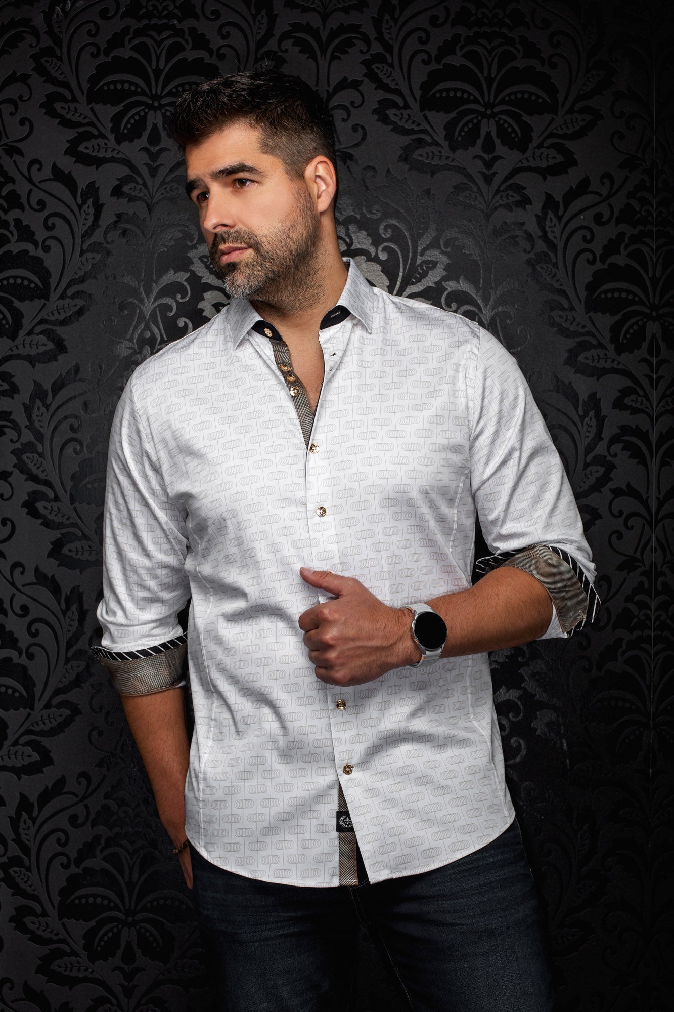 Men's white button-up shirt front view with light gray geometric print, gold buttons, and rolled cuffs by Au Noir