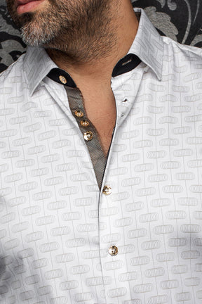 Au Noir men's white patterned shirt collar, contrast placket, black trim, and gold buttons, close-up