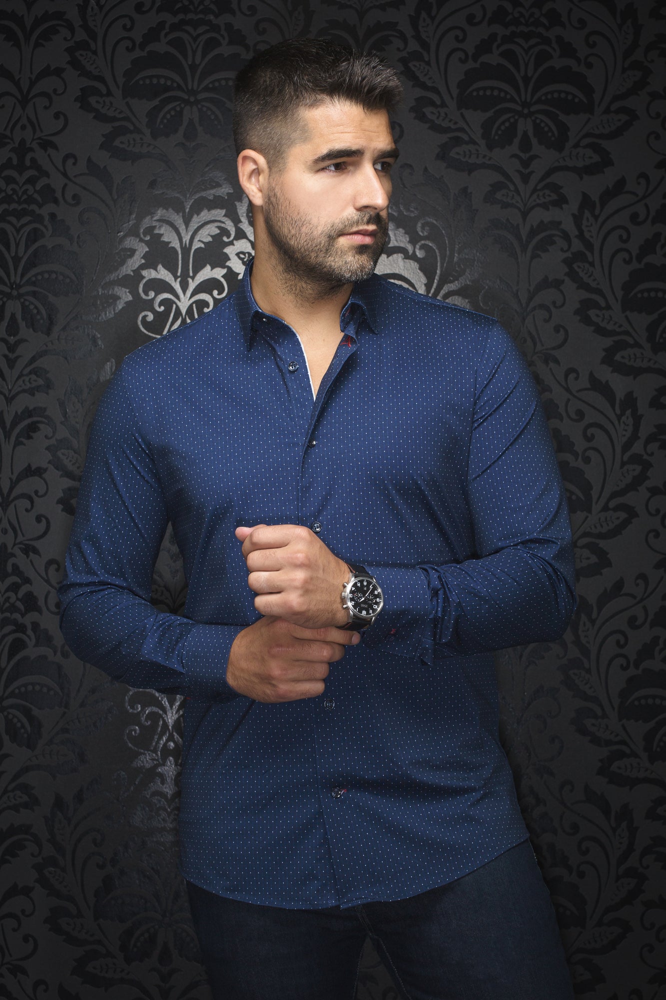 Knit long sleeve shirt for men by Au Noir | ALEXANDER NDL Navy | Menshirt, complete inventory of the Au Noir brand