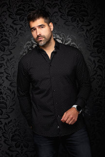 Au Noir men's black long sleeve button-up shirt with small gray geometric print, front model view