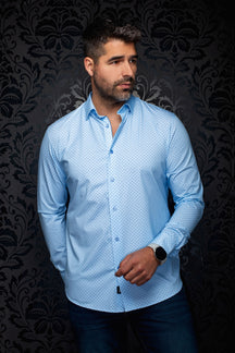 Au Noir men's light blue button-up shirt with dark blue micro-dot pattern and spread collar, front view