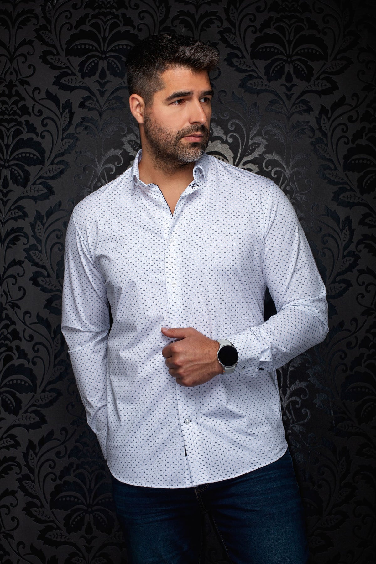 Au Noir men's white shirt with blue microprint, front model view with open collar and button placket
