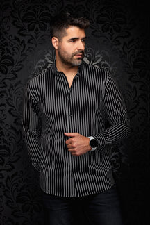 Men's black shirt with thin white vertical stripes, front model view with open collar and buttons by Au Noir