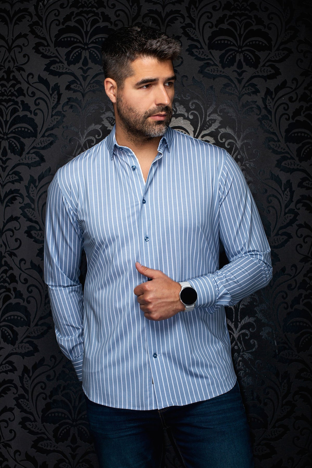 Au Noir men's light blue and white striped button-up shirt, front view with point collar and button cuffs