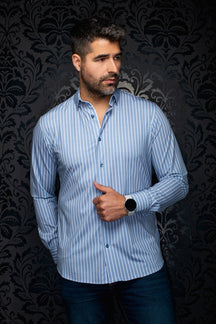 Au Noir men's light blue and white striped button-up shirt, front view with point collar and button cuffs