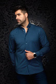 Au Noir men's navy long sleeve button-up shirt with thin light blue vertical stripes, front model view
