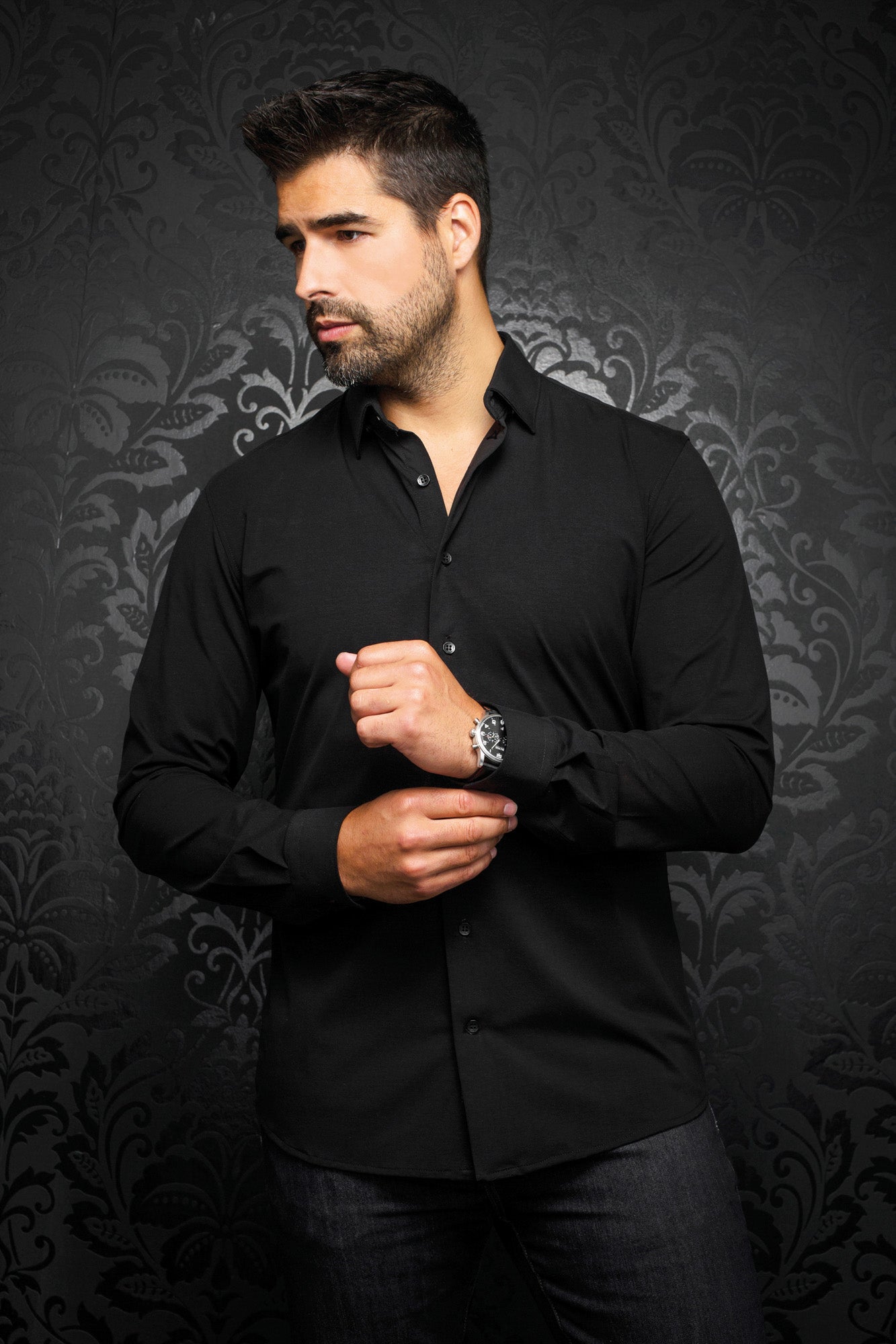 Au Noir men's black long sleeve shirt front view on model, with classic collar and button placket