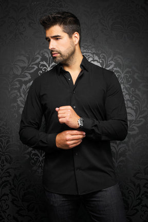 Au Noir men's black long sleeve shirt front view on model, with classic collar and button placket