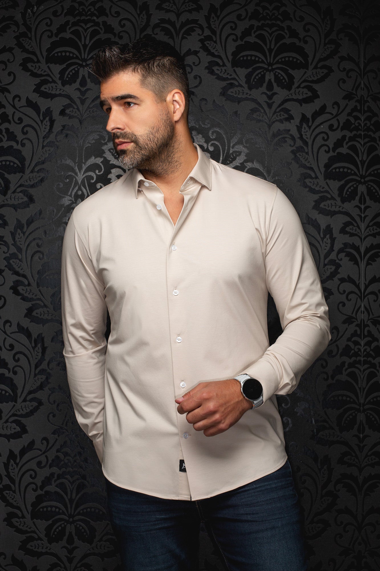 Au Noir men's light beige long sleeve button-up shirt with spread collar and white buttons, front view