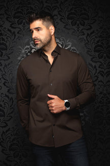 Au Noir men's dark brown long sleeve button-up shirt on model, open collar and black buttons visible, front view