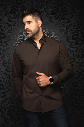 Au Noir men's dark brown long sleeve button-up shirt on model, open collar and black buttons visible, front view