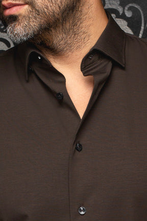 Au Noir men's dark brown shirt open collar, button placket and black buttons, close-up