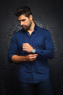 Men's navy blue long sleeve button-up shirt, front view with spread collar and tonal buttons by Au Noir