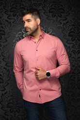 Au Noir men's pink long sleeve shirt on model, front view with pointed collar and dark buttons
