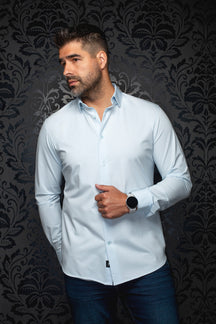 Au Noir men's light blue long sleeve button-up shirt with spread collar and tonal buttons, front view