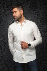 Au Noir men's white long sleeve button-up shirt with pointed collar and curved hem shown from the front