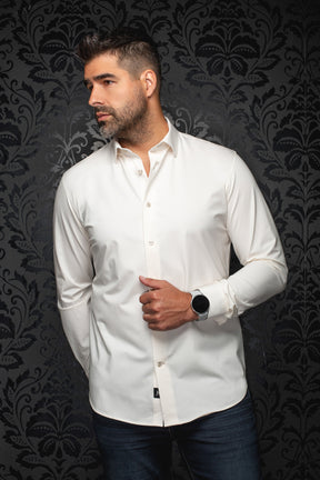 Au Noir men's white long sleeve button-up shirt with pointed collar and curved hem shown from the front