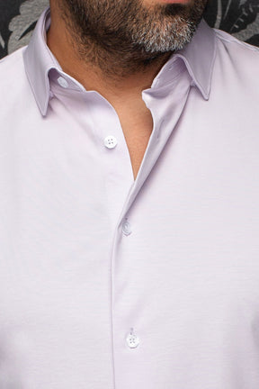 Au Noir men's white printed shirt collar, buttons, and black patterned inner placket, close-up