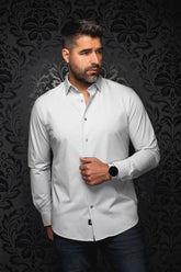 Au Noir men's light gray long sleeve button-up shirt on model showing spread collar and gray buttons, front view