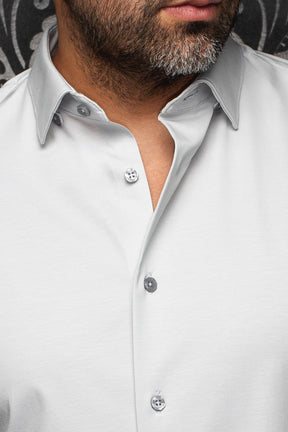 Au Noir men's light gray button-up shirt collar and placket with gray buttons and subtle texture, close-up