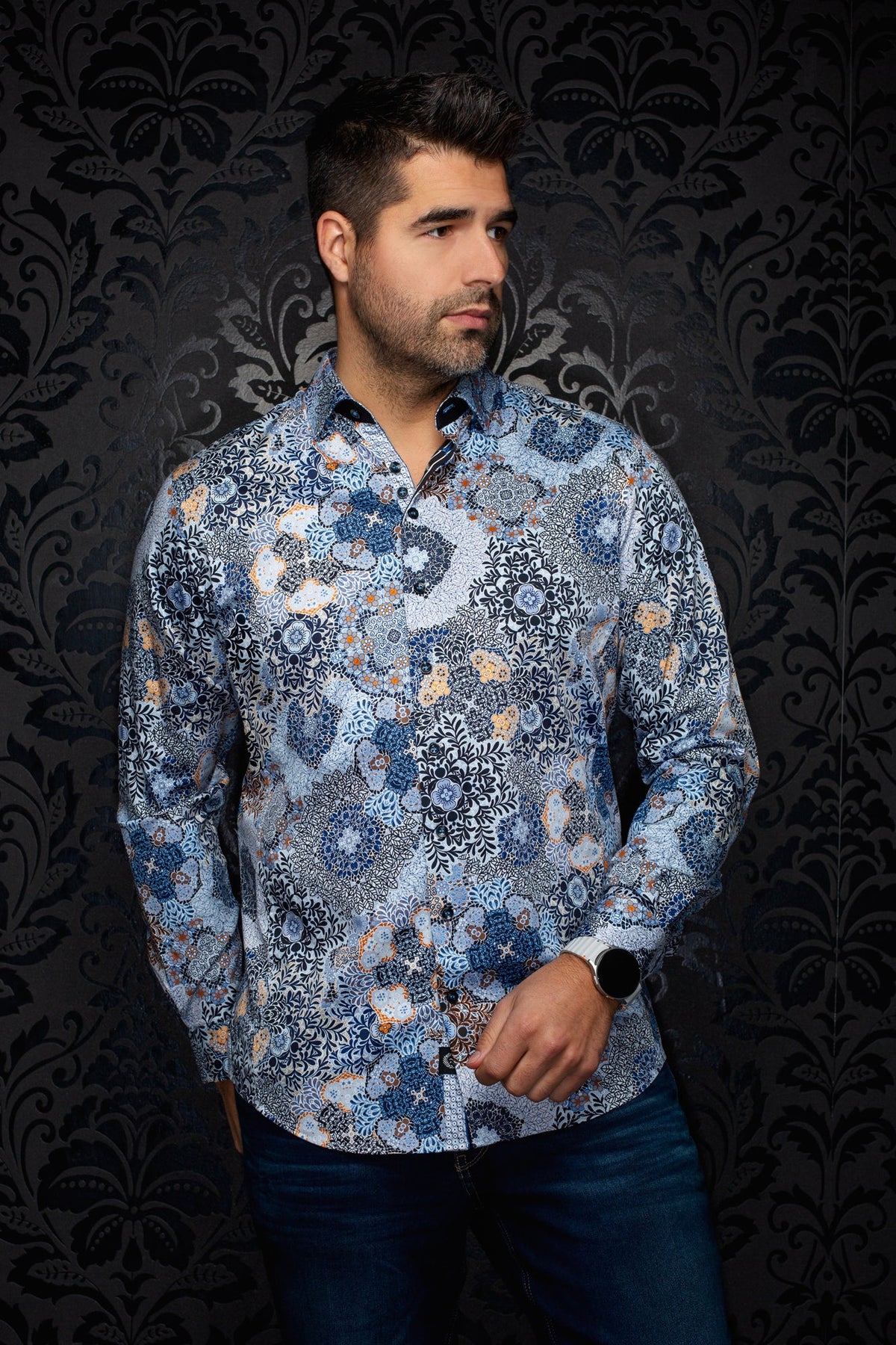 Chemise manches longues en coton extensible pour homme par Au Noir | ASHAR Bleu | Machemise.ca, inventaire complet de la marque Au Noir