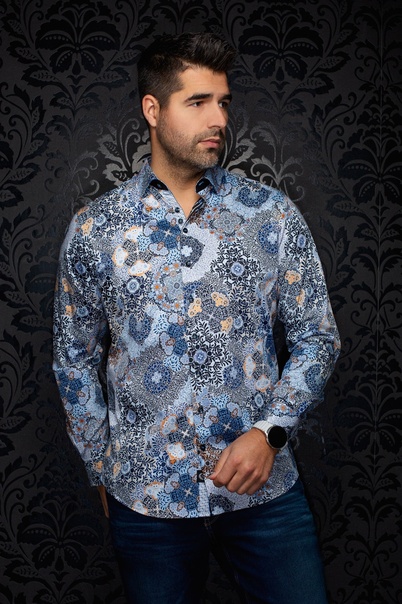 Chemise manches longues en coton extensible pour homme par Au Noir | ASHAR Bleu | Machemise.ca, inventaire complet de la marque Au Noir