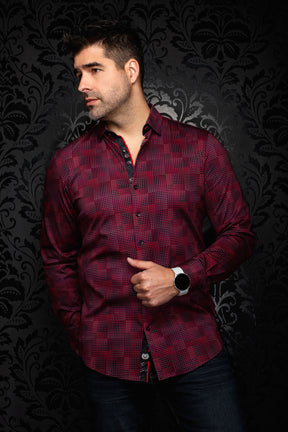 Au Noir men's red and black micro-check button-up shirt with black contrast placket, front model view