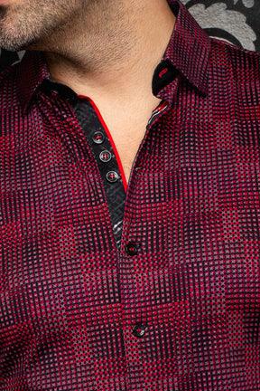 Au Noir men's red and black micro-check shirt collar, black placket, buttons, and red piping, close-up