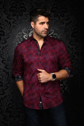 Au Noir men's front angled view of a red and black micro-check button-up shirt with rolled contrast cuffs, side view