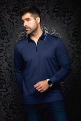 Polo manches longues à fermeture éclair 1/4 zippé bleu marine, col rayé pour homme par Au Noir, vue de face