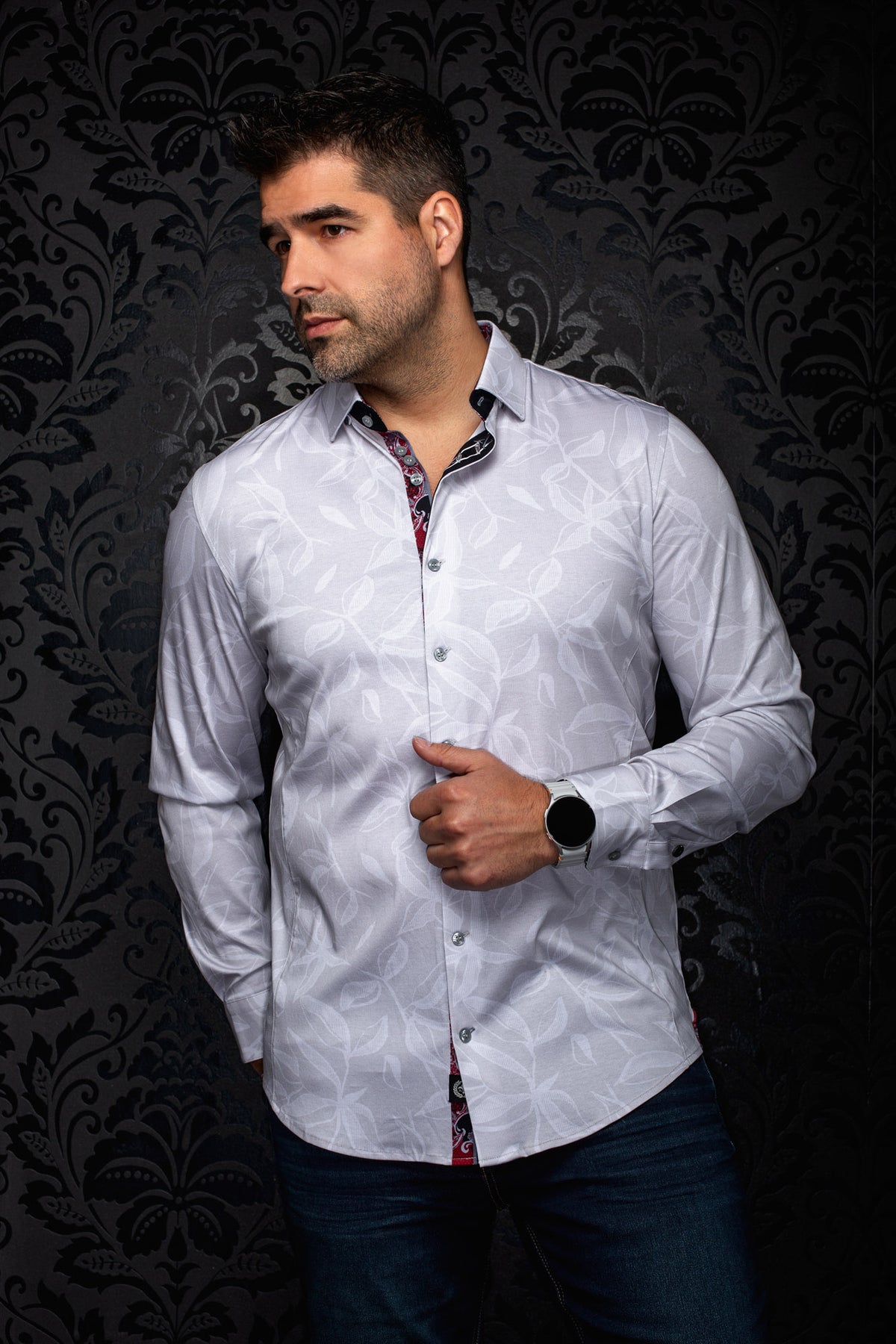 Au Noir men's white long sleeve button-up shirt with tonal leaf pattern and contrast trim shown from the front