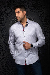 Chemise blanche à manches longues avec feuilles ton sur ton et garnitures contrastées pour homme par Au Noir, vue de face