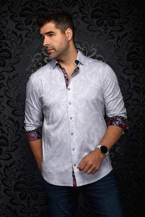 Chemise blanche à manches longues avec motif de feuilles ton sur ton, vue de cote pour homme par Au Noir