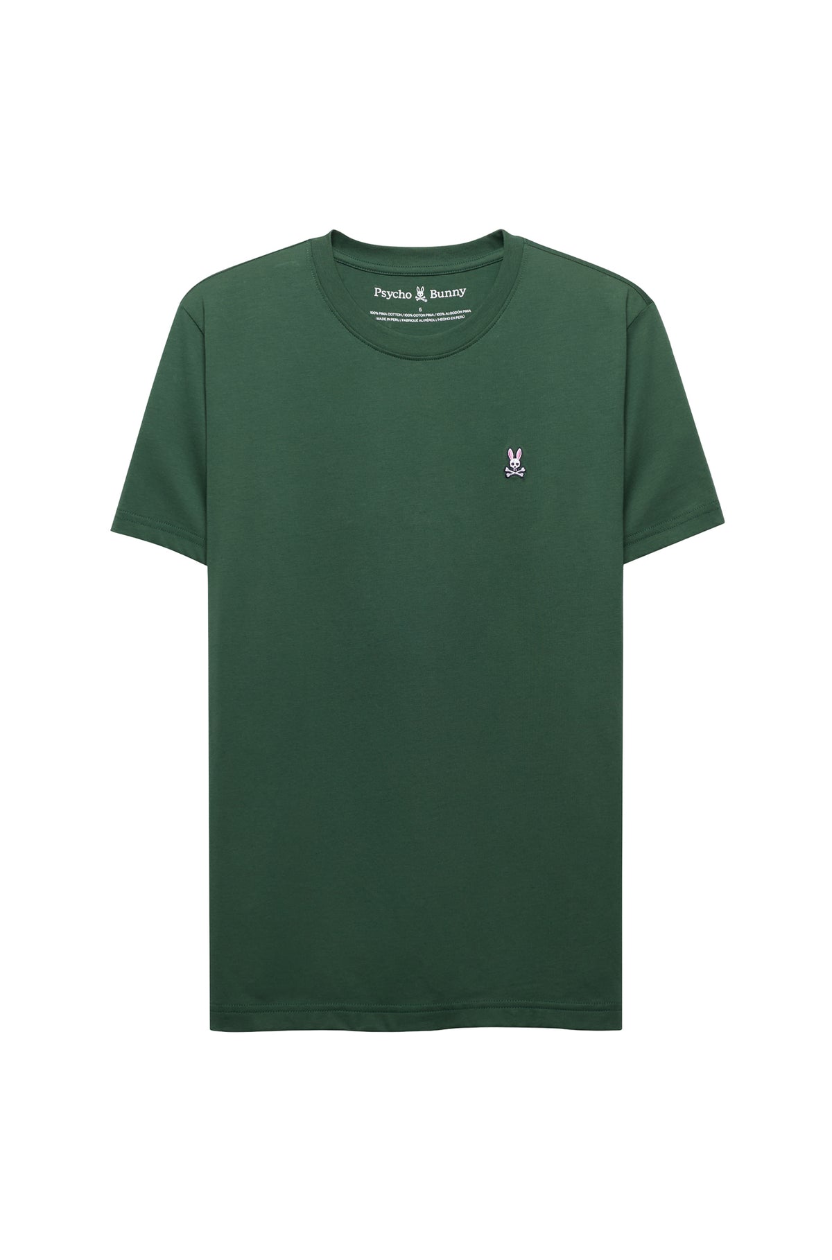 Men's dark green crewneck Short-sleeve T-Shirt with small embroidered bunny logo on chest, product view by Psycho Bunny