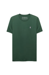 Men's dark green crewneck Short-sleeve T-Shirt with small embroidered bunny logo on chest, product view by Psycho Bunny