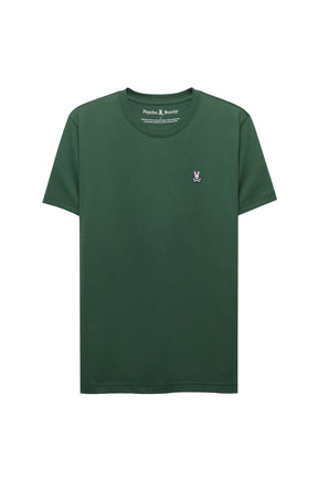 Men's dark green crewneck Short-sleeve T-Shirt with small embroidered bunny logo on chest, product view by Psycho Bunny