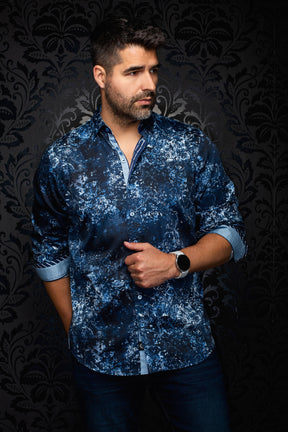 Au Noir men's navy abstract-print button-up shirt with rolled contrast cuffs, front model view