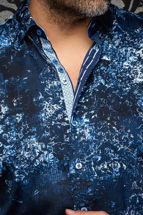 Au Noir men's navy abstract-print shirt collar, blue buttons, and contrast inner placket, close-up