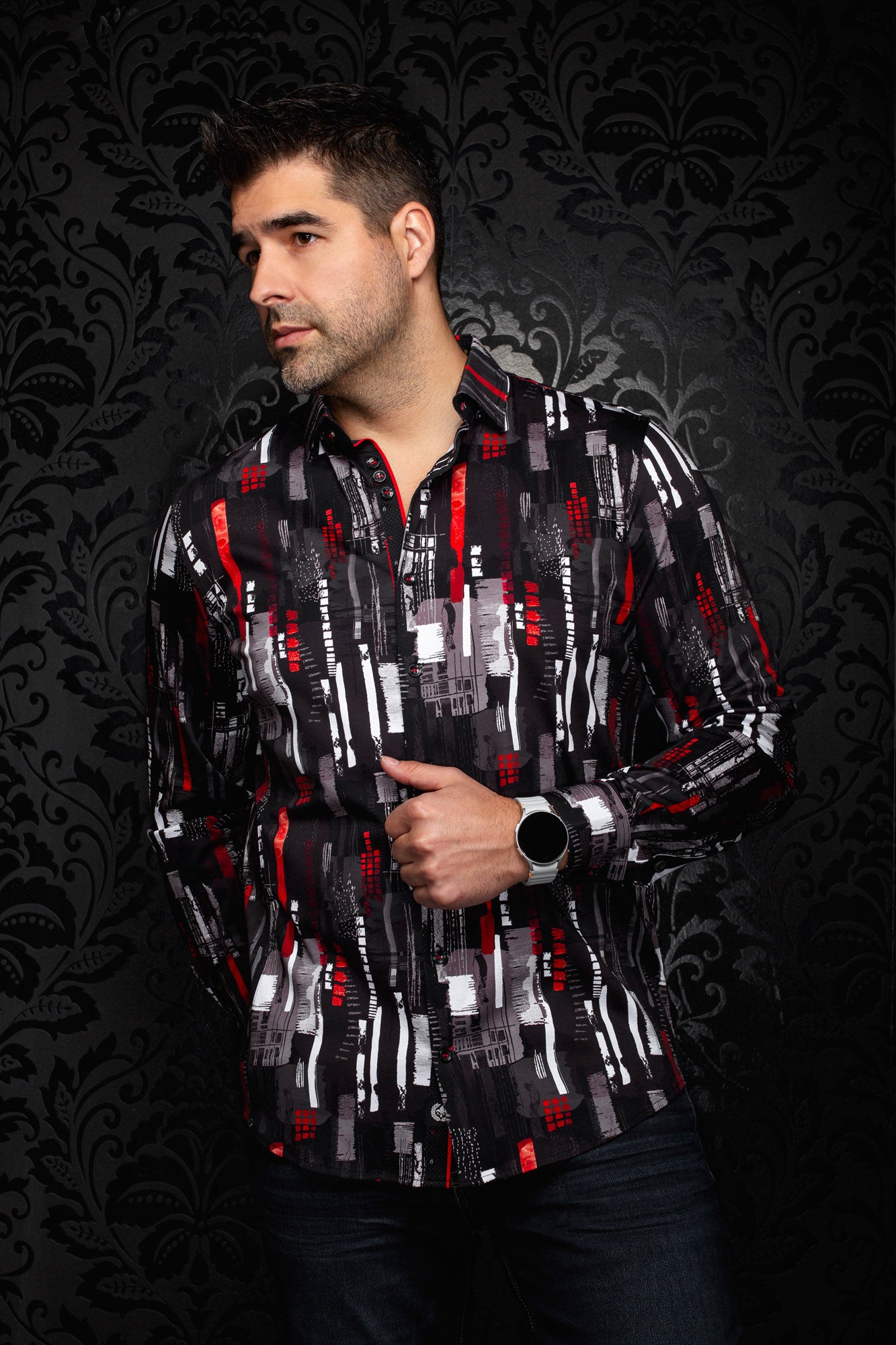 Au Noir men's black printed button-up shirt with gray, white, and red abstract pattern shown from the front