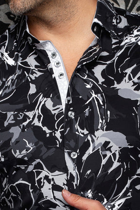 Au Noir men's black, gray, and white printed button-up shirt with contrast inner placket and collar, close-up