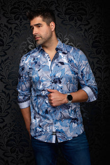 Front model view of men's light blue floral button-up shirt with rolled contrast cuffs and curved hem by Au Noir