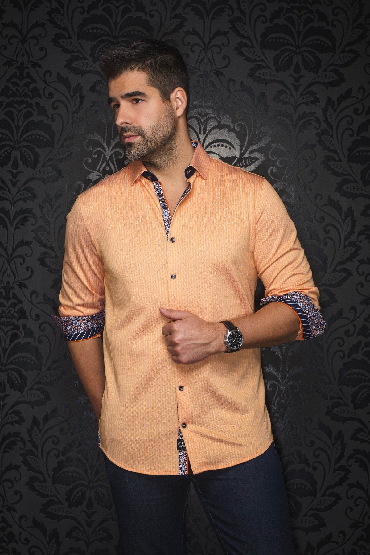 Knit long sleeve shirt for men by Au Noir | BERNADO Orange | Menshirt, complete inventory of the Au Noir brand