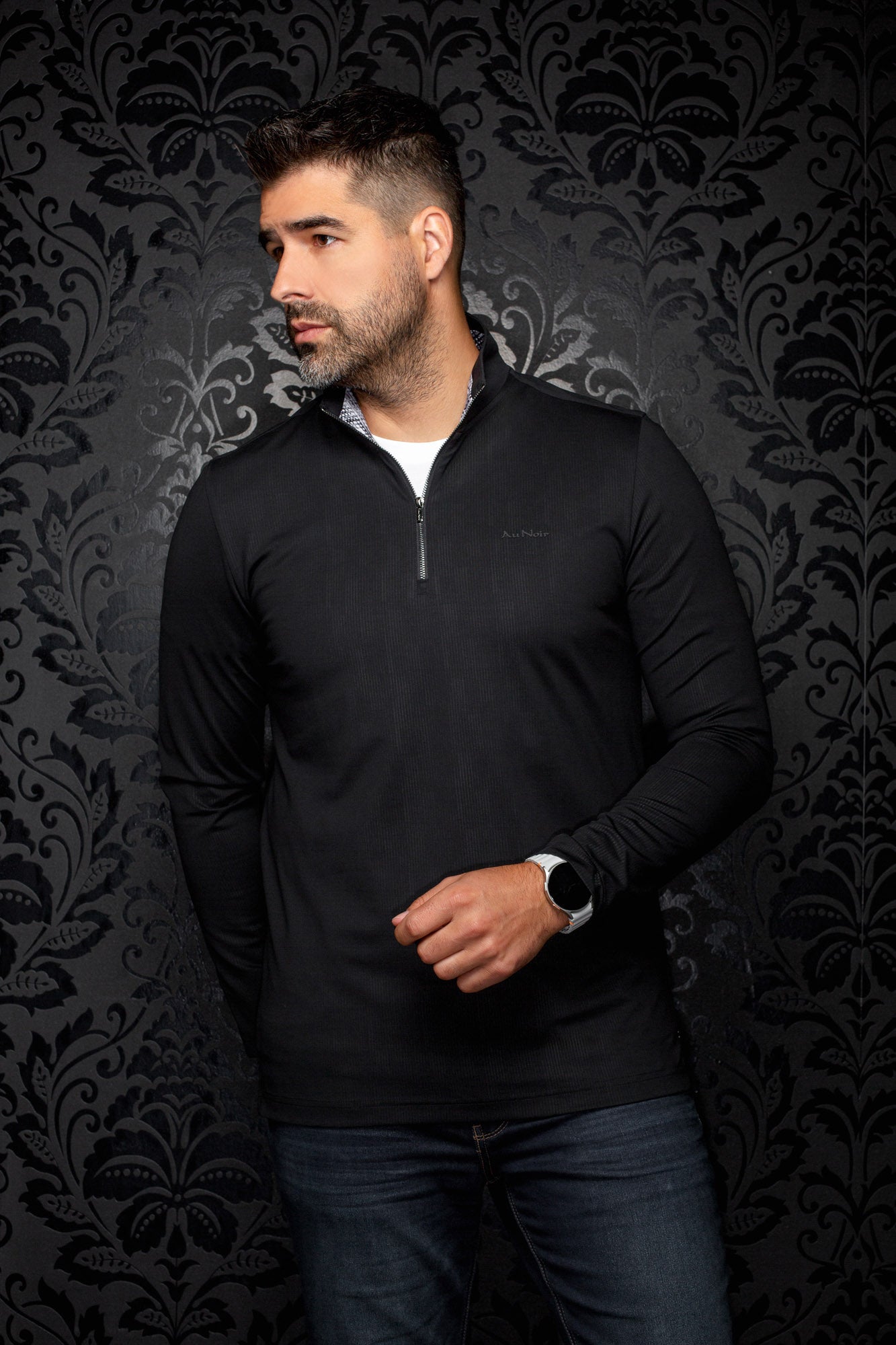 Au Noir men's black sport jacket, front model view