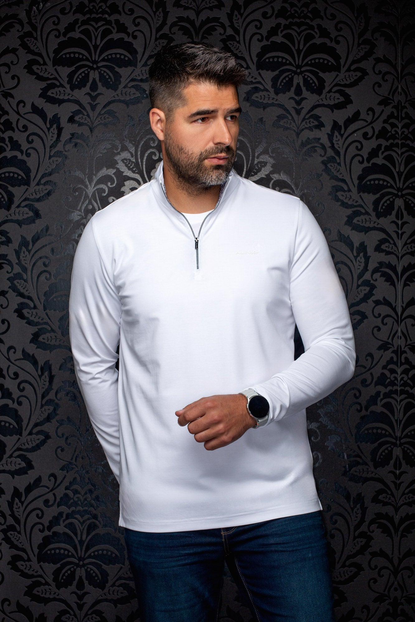 Men's white long sleeve quarter-zip Sport jacket front view with stand collar and tonal chest logo by Au Noir