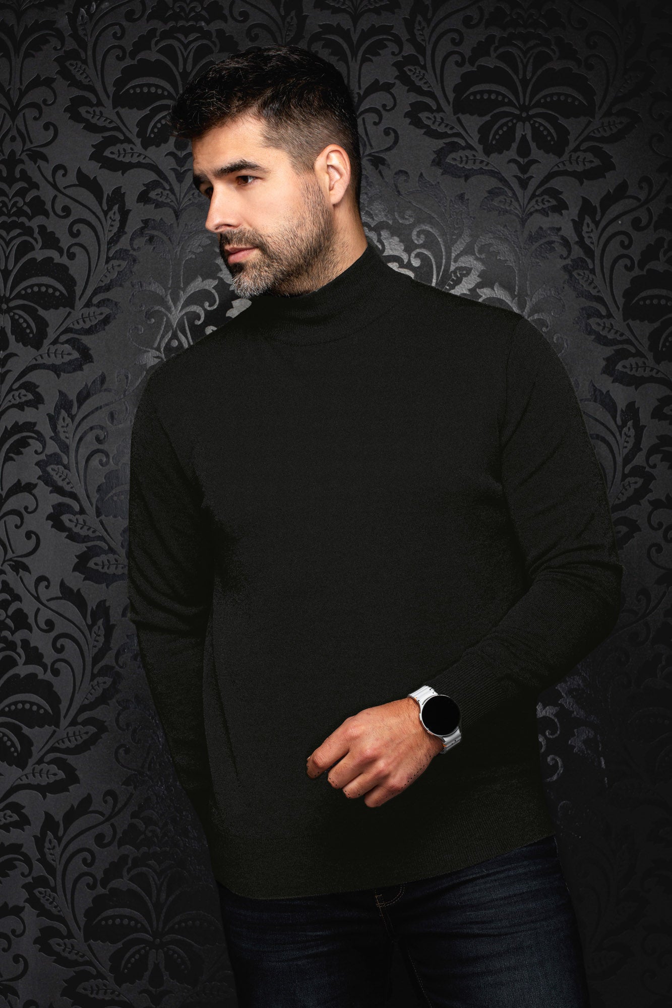 Men's black mock-neck knit merino sweater on model, front view with ribbed cuffs and hem by Au Noir