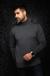 Men's charcoal gray turtleneck knit merino sweater on model, with long sleeves and ribbed hem, front view by Au Noir