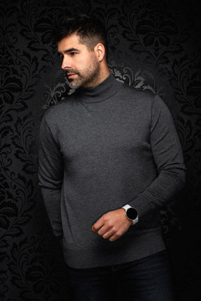 Men's charcoal gray turtleneck knit merino sweater on model, with long sleeves and ribbed hem, front view by Au Noir