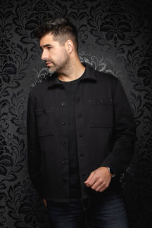Au Noir men's black overshirt on model, front view showing collar, button placket and chest pockets