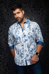 Front view of men's white printed button-up shirt with blue floral pattern and contrast rolled cuffs by Au Noir